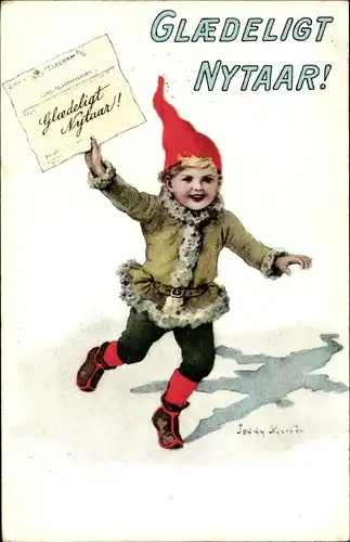 Künstler Ak Nyström, J., Glückwunsch Neujahr, Kind mit Telegramm