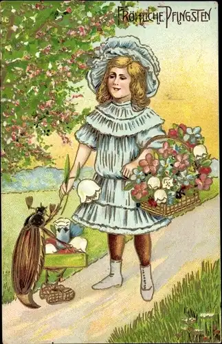 Präge Ak Glückwunsch Pfingsten, Mädchen, Blumenkorb, Maikäfer