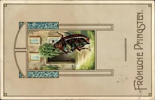 Präge Ak Glückwunsch Pfingsten, Maikäfer, Vergissmeinnicht