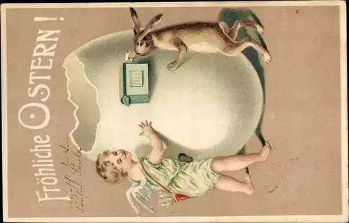 Präge Ak Glückwunsch Ostern, Engel, Osterhase, Eierschale