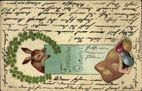Präge Litho Glückwunsch Ostern, Osterhase, Ostereier, Glücksklee