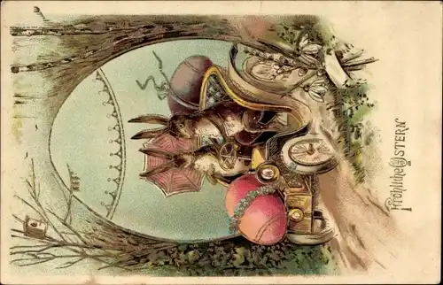 Präge Litho Glückwunsch Ostern, Osterhasen, Osterei, Automobil