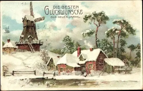 Litho Glückwunsch Neujahr, Dorfpartie, Windmühle