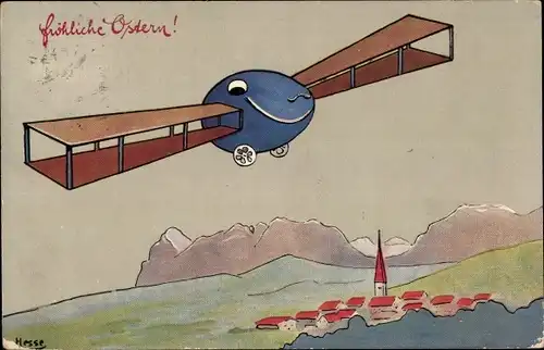 Künstler Ak Hesse, Glückwunsch Ostern, Osterei-Flugzeug