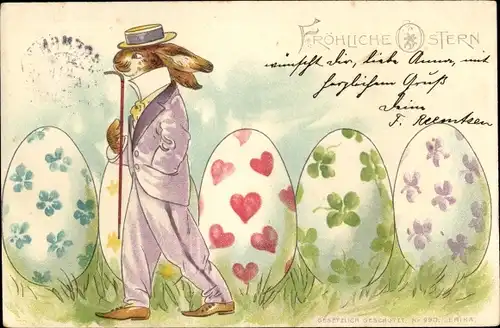 Litho Glückwunsch Ostern, Ostereier, Blumen, Osterhase, Glücksklee