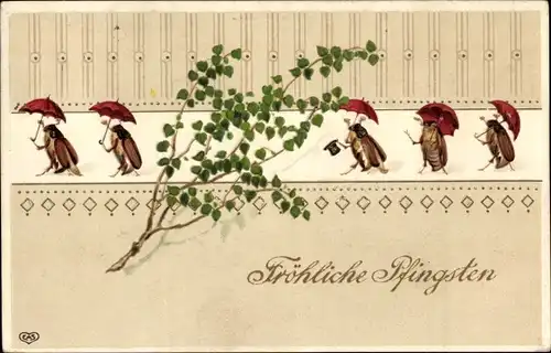 Präge Ak Glückwunsch Pfingsten, Maikäfer, Sonnenschirme, Zweig