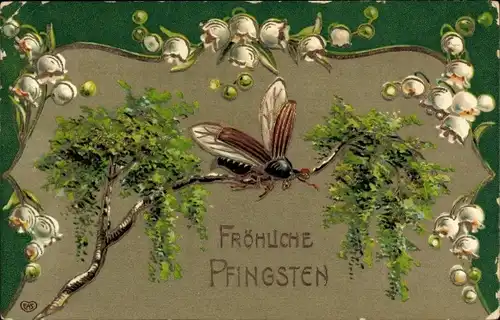 Präge Ak Glückwunsch Pfingsten, Maikäfer, Baum, Maiglöckchen