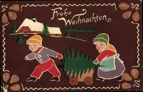 Präge Ak Glückwunsch Weihnachten, Kinder, Tannenbaum, Nüsse