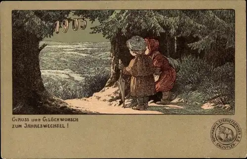 Litho Glückwunsch Neujahr 1905, Kinder, Spaziergang, Tannenbäume