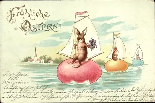 Litho Glückwunsch Ostern, Osterhasen, Ostereier-Segelboote