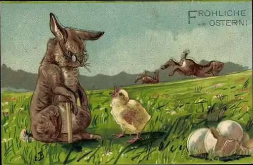 Präge Künstler Ak Glückwunsch Ostern, Osterhasen, Eierschalen, Küken