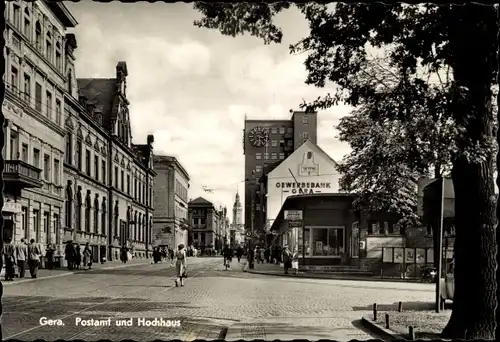 Ak Gera in Thüringen, Postamt und Hochhaus, Uhr, Gewerbebank