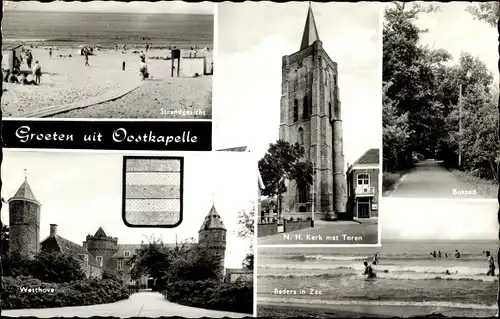 Ak Oostkapelle Walcheren Zeeland, Kirche, Strand, Meer, Schloss