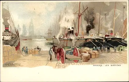 Künstler Litho Cassiers, H., Antwerpen Antwerpen Flandern, Les Bassins, Hafenpartie