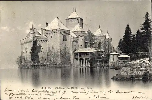 Ak Chillon Montreux Kanton Waadt, Schloss im Winter