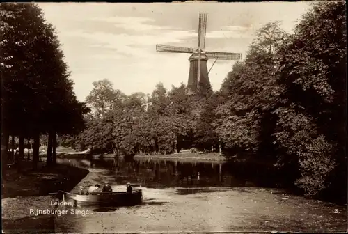 Ak Leiden Südholland Niederlande, Rijnsburger Singel, Windmühle, Boot