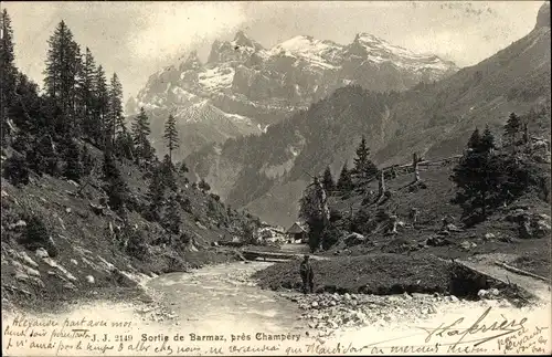 Ak Champéry Kanton Wallis, Sortie de Barmaz, Gebirge, Fluss