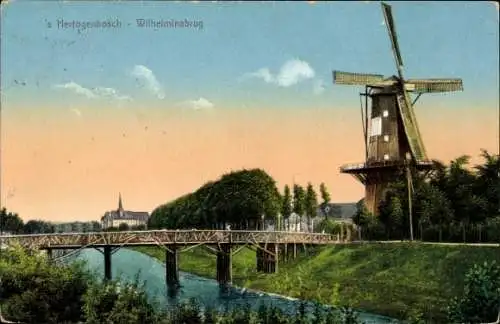 Ak 's Hertogenbosch Den Bosch Nordbrabant Niederlande, Wilhelmina-Brücke, Mühle