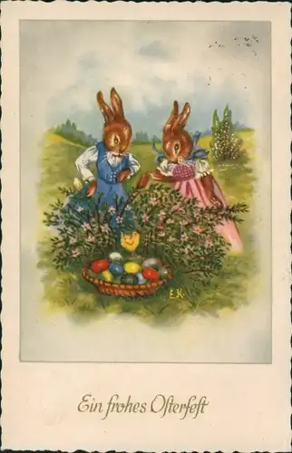 Ak Frohe Ostern, Osterhasen, Hasenfrauen, Ostereier, Küken