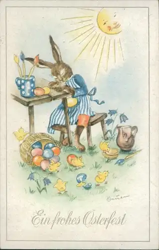 Künstler Ak Frohe Ostern, Osterhase bemalt Ostereier, Küken