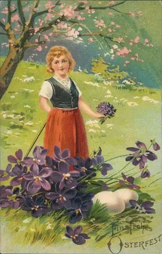 Präge Ak Frohe Ostern, Mädchen, Veilchen, Ostereier