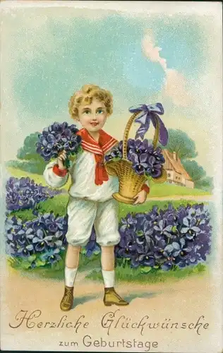 Präge Ak Glückwunsch zum Geburtstag, Junge mit Blumenkorb, Veilchen