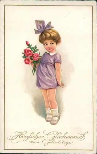 Ak Glückwunsch zum Geburtstag, ein Mädchen mit Blumen, Rosen