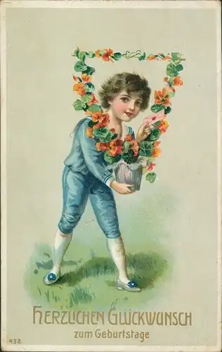 Präge Ak Glückwunsch zum Geburtstag, Junge mit Blumentopf, rankende Kapuzinerkresse