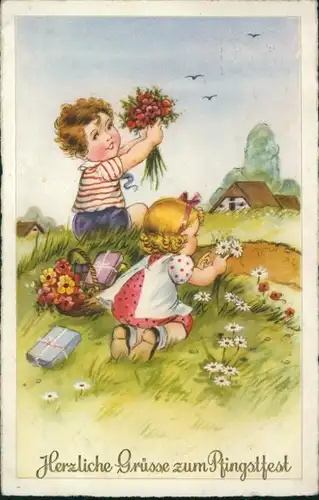 Ak Glückwunsch Pfingsten, Kinder, Blumenwiese, Blumenstrauß