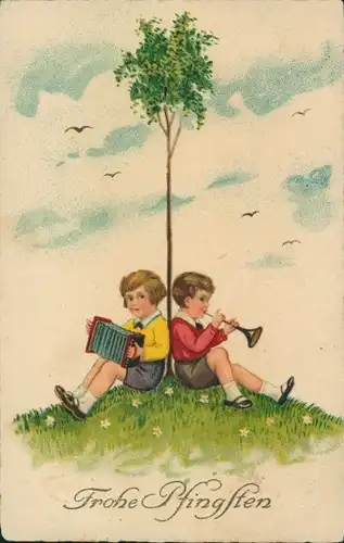 Ak Glückwunsch Pfingsten, Kinder am Baum, Musikinstrumente