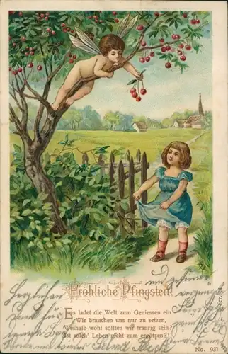 Präge Litho Glückwunsch Pfingsten, Mädchen, Glücksfee, Kirschen, Obstbaum
