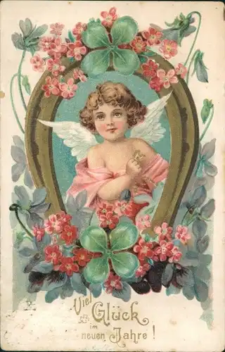 Präge Litho Glückwunsch Neujahr, Engel, Glücksklee, Hufeisen, Blumen