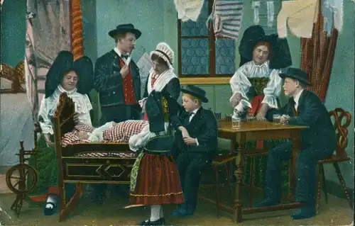 Ak Elsässer Familie in Nationaltracht, Spinnrad