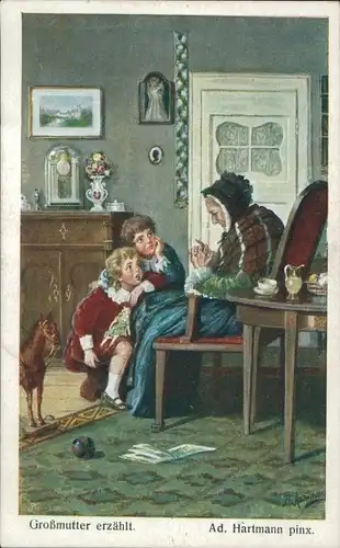 Künstler Ak Hartmann, Ad., Großmutter erzählt, Schaukelpferd