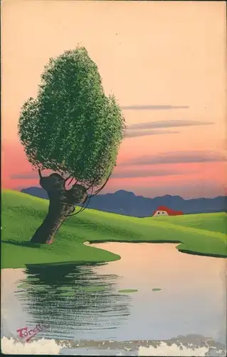 Handgemalt Künstler Ak Torelli, Landschaft, Gewässer, Baum