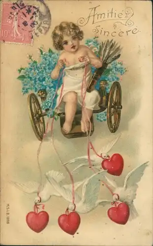 Präge Litho Engel, Vergissmeinnicht, Tauben, Herzen, Amor