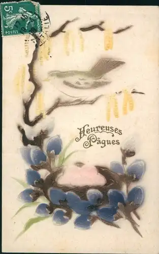 Präge Litho Glückwunsch Ostern, Vogelnest, Vogel, Weidenkätzchen
