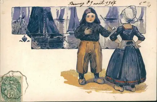 Präge Litho Kinder in niederländischer Volkstracht, Segelboote