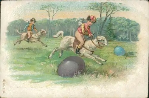 Litho Ostern, Engel reitet auf einem Lamm, Ostereier