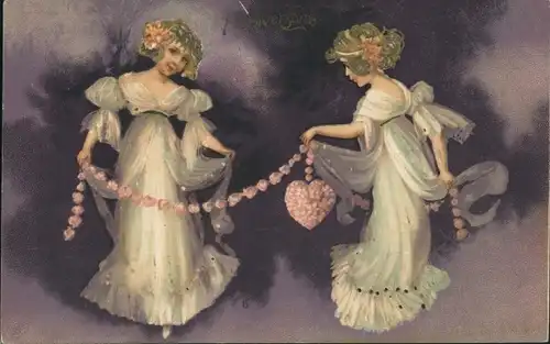 Präge Ak Zwei Mädchen,  Kette aus Blumen, Herz, Kitsch