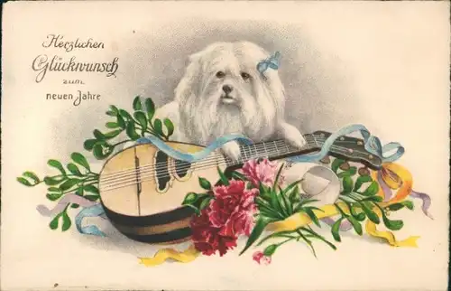 Ak Glückwunsch Neujahr, Hund, Musikinstrument, Mistelzweige, Blumen