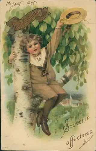 Präge Litho Kind am Baum, Birke, Kitsch, Souvenir