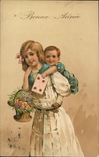 Präge Ak Glückwunsch Neujahr, Kinder, Geschwister, Blumenkorb