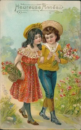 Präge Ak Glückwunsch Neujahr, Kinder, Liebespaar, Blumen