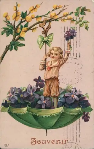 Präge Ak Kind, Regenschirm, Veilchen, Kitsch