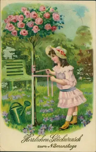 Ak Glückwunsch Namenstag, Mädchen arbeitet im Garten, Rosen, Gießkanne