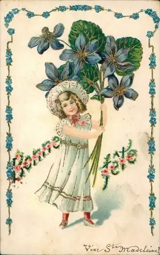 Präge Ak Glückwunsch, Mädchen, Veilchen, Vergissmeinnicht