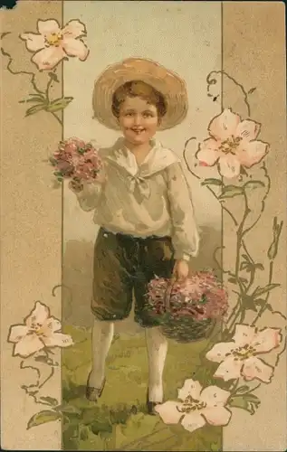 Präge Ak Kind-Portrait, Junge mit Blumenstrauß, Blumenkorb