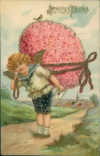 Präge Glitzer Ak Glückwunsch Ostern, Engel, Blumen, Osterei