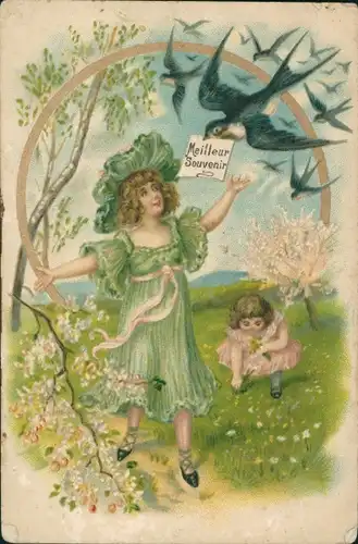 Präge Ak Mädchen auf einer Blumenwiese, Schwalben, Birken, Souvenir